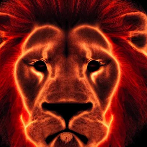 Prompt: anonymous lion face, closeup of face, volumetric lighting, face encircled by fire, crimson - black color scheme