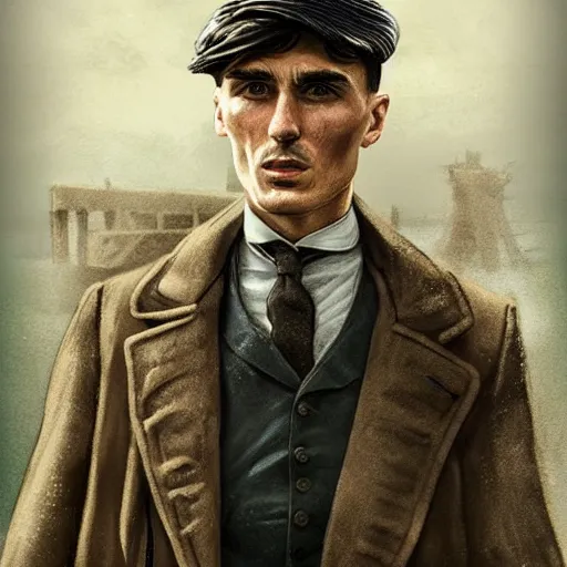 Image similar to Thomas Shelby from the peaky blinders standing in atlantis, in the style of Benjamin Bader, sharp, highly detailed, realistic face, digital art, epic, fantasy, artstation