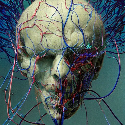 Prompt: blue brain , brain,veins and cables, 8k,photorealistic ,by,Greg Rutkowski, Beksinski, trending on DeviantArt,hyper detailed, cybernetic, full of colour