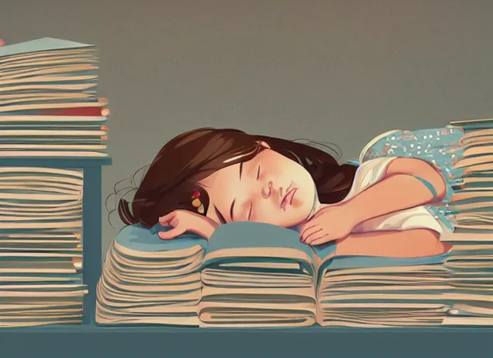 Image similar to a little girl with short wavy curly light brown hair is asleep in pile of books. clean cel shaded vector art. shutterstock. behance hd by lois van baarle, artgerm, helen huang, by makoto shinkai and ilya kuvshinov, rossdraws, illustration, art by ilya kuvshinov