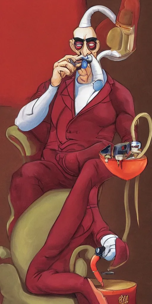 Prompt: a portrait of Earthworm Jim as an austere billionaire sitting in a red leather chair smoking his pipe and looking stately with his monocle