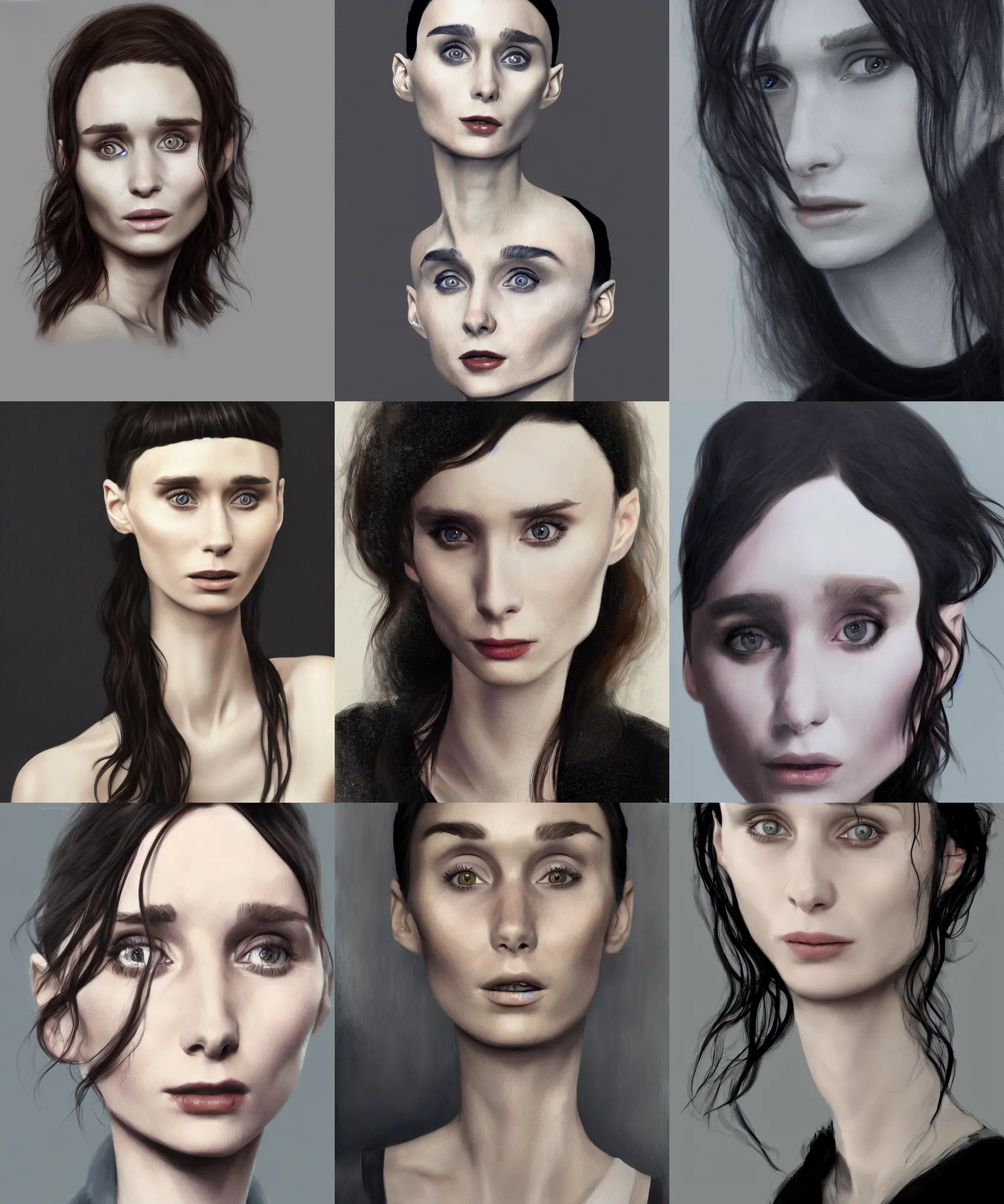 Prompt: realistic portrait of actress rooney mara, full portrait, digital painting, trending on artstation