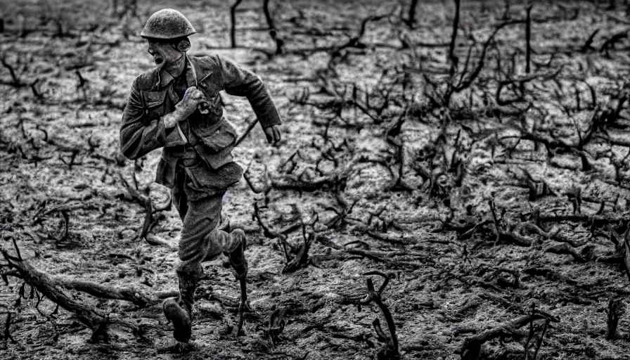 Image similar to screaming World War 1 soldier running across No Mans Land, wartorn landscape, lots of mud puddles and craters, burnt and broken trees, dirty lens, cinematic lighting, IMAX close-up cinematography, 35mm