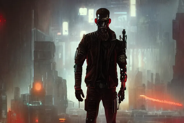 Prompt: cyberpunk mercenary inspired by the terminator and star wars, hdr, cinematic movie still from blade runner 2049