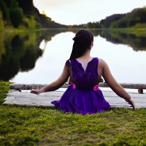 Prompt: elegant princess sitting by a lake, purple eyes, realistic, 8 k, award winning photography