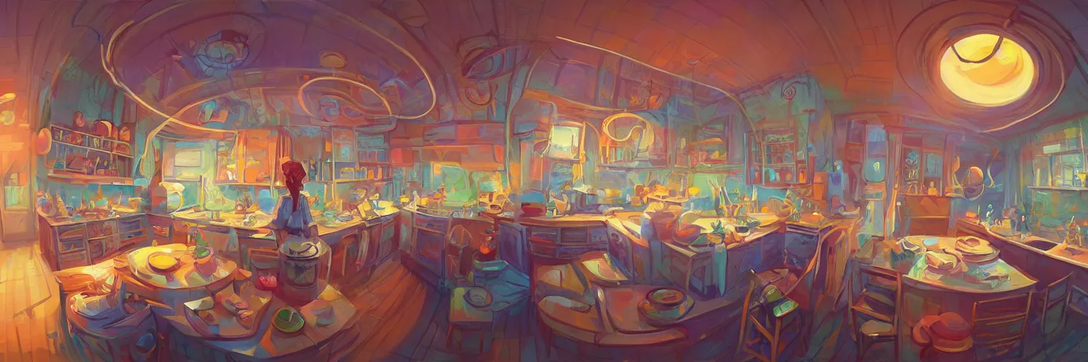 Image similar to fisheye spiral lines, naive nerikomi, weird perspective, extra narrow, detailed illustration of a kitchen dimly lit by rhads from lorax movie, trending artstation, true color