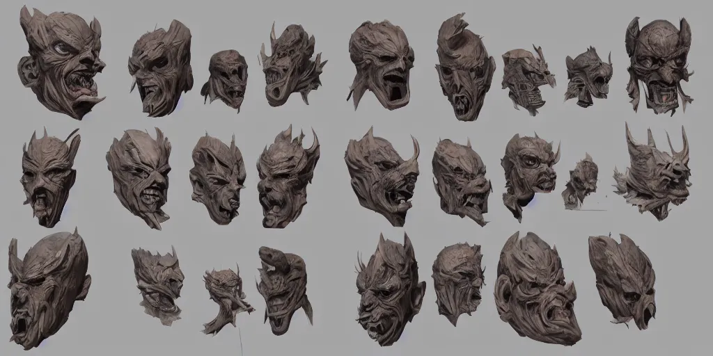 Image similar to evil wooden mask design, character sheet, 3d render, Greg Rutkowski, Zabrocki, Karlkka, Jayison Devadas, Phuoc Quan, trending on Artstation, 8K, ultra wide angle, zenith view, pincushion lens effect