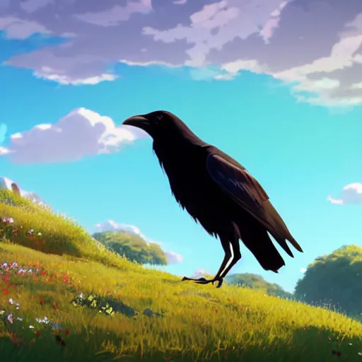 Image similar to a wholesome animation key shot of a crow on a hill, portrait shot, studio ghibli, pixar and disney animation, sharp, rendered in unreal engine 5, anime key art by greg rutkowski, bloom, dramatic lighting