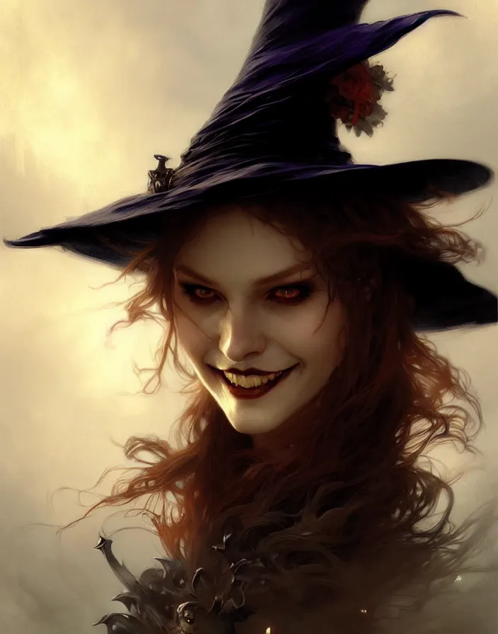 Image similar to halloween witch woman in a hat smiles, fantasy magic by ruan jia, undercut hairstyle, dark light night, intricate, elegant, sharp focus, illustration, highly detailed, digital painting, concept art, matte, art by wlop and artgerm and greg rutkowski and alphonse mucha, masterpiece