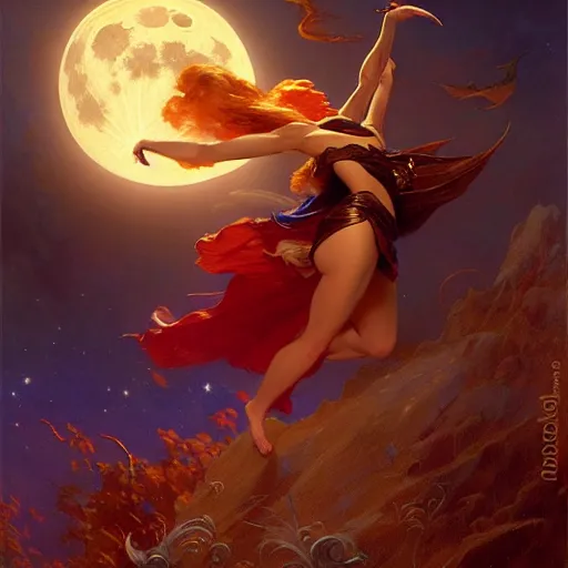 Image similar to attractive witch magically flying trough the night, fantasy, full moon in background. highly detailed painting by gaston bussiere, craig mullins, j. c. leyendecker 8 k