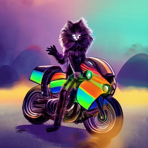 Image similar to wide angle full body, jacket wearing fluffy cute rainbow kitten wearing a black leather motorcycle jacket, riding on a motorcycle, cinematic concept art