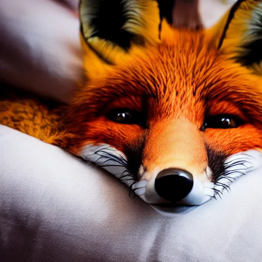 Image similar to a cute photograph of a fox lying in bed sleeping, eyes closed, soft focus, studio lighting, 50mm