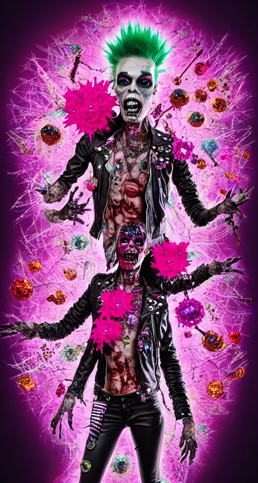 Image similar to action shot of a punk rock zombie with multicolored skin and pink crystal mohawk, red leather jacket, anatomical body, covered in flowers and glitter, digital art, octane render, fantasy, cartoonish, cinematic lighting, visionary art by alex grey