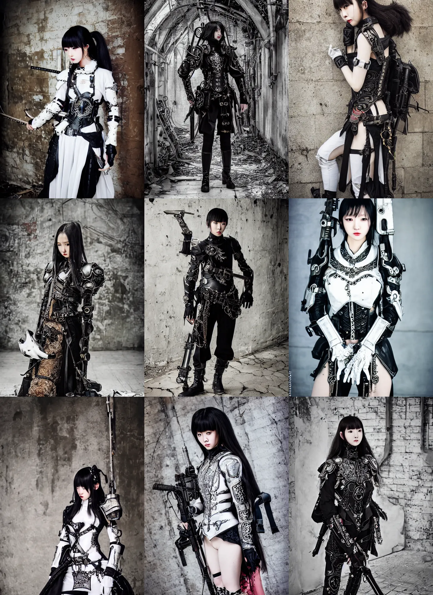 Prompt: beautiful ulzzang with white majestic ornate medieval tactical gear, black leather garment, full shot fashion photography, dark abandoned cyberpunk factory, by irving penn and storm thorgerson, ren heng, peter elson,