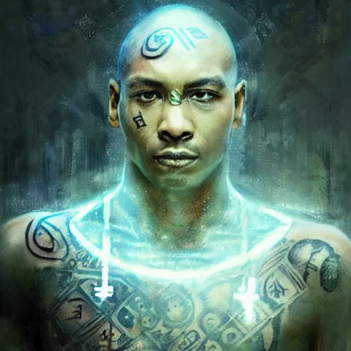 Prompt: A portrait of a dark skinned monk covered in runic tattoos, he is surrounded by glowing floating magical runes, digital art by Ruan Jia