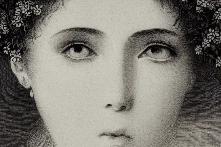 Image similar to black and white, close-up of high detailed young french woman face covered by flowers, Gustave Dore lithography