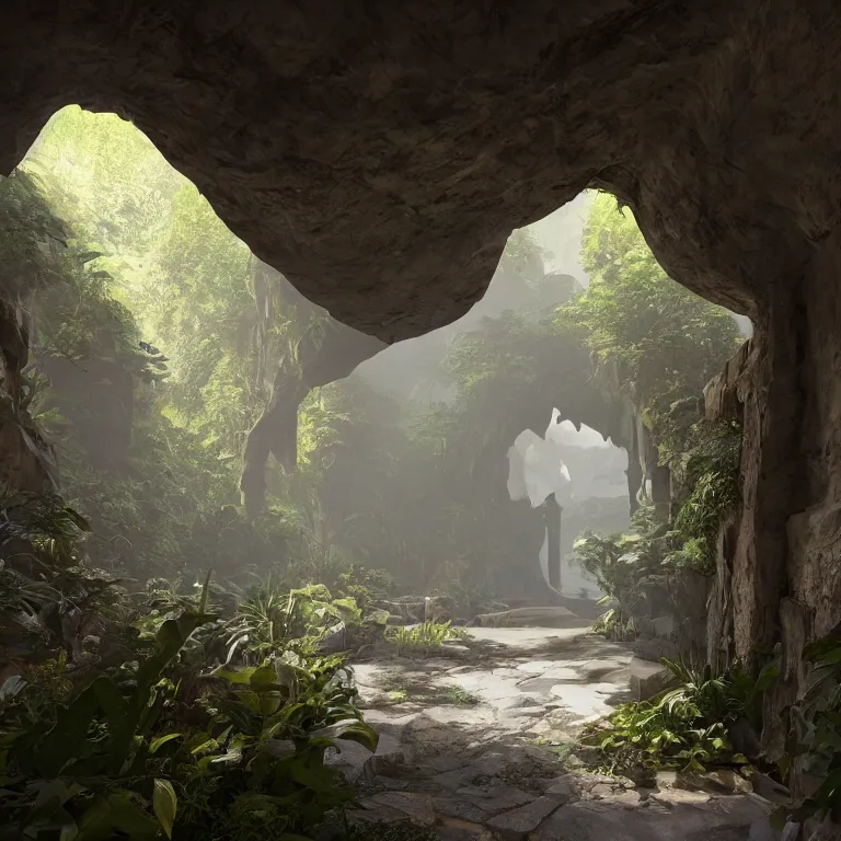 Image similar to arc hallway for secret overwatch habitation quarters carved inside a cave surrounding a lush garden, trimmed, sheltered, magical, natural light, clean lines, cozy, fantasy, minimalist architecture, sharp focus, concept art, by greg rutkowski and craig mullins,, octane render 8 k