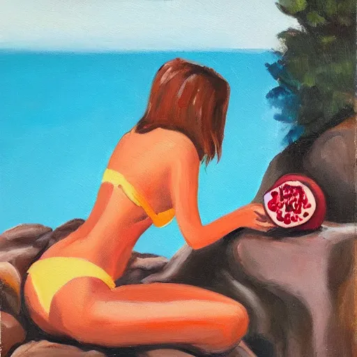 Image similar to oil on canvas woman in a bikini on a rock eating pomegranate dripping juice