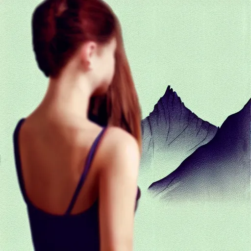 Image similar to tattoo design sketch of a beautiful girl standing against a faded background of beautiful mountain scenery, hyper realistic