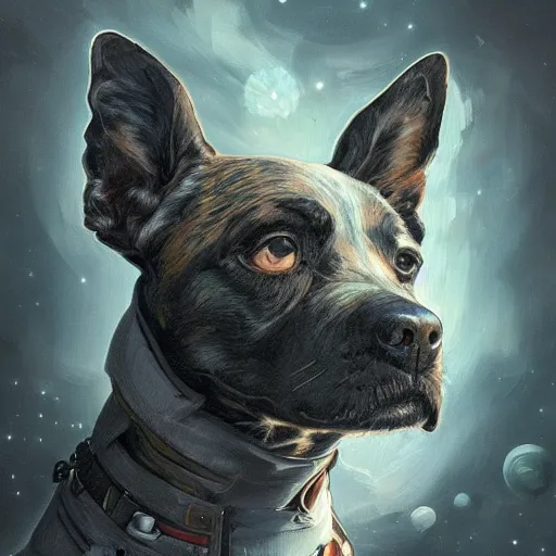 Prompt: Portrait of dog in space, dark fantasy, intricate, elegant, highly detailed, digital painting, artstation, concept art, smooth, sharp focus, illustration, art by Sam Youn and Fernanda Suarez and Artem Demura and alphonse mucha