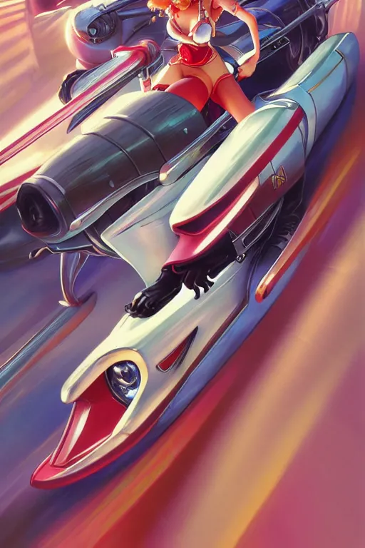 Prompt: princess peach style of speed racer, dynamic pose, retro anime, intricate, futuristic, fantasy, elegant, by Stanley Artgerm Lau, Margaret Keane, greg rutkowski, thomas kindkade, alphonse mucha, loish, norman Rockwell,