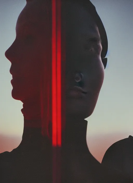 Image similar to cinestill 5 0 d photographic portrait of two loving female androids wearing rugged black techwear on a desolate plain with a red sky in front of a brutalist structure, extreme closeup, cyberpunk style, dust storm, 8 k, hd, high resolution, 3 5 mm, f / 3 2, ultra realistic faces, ex machina