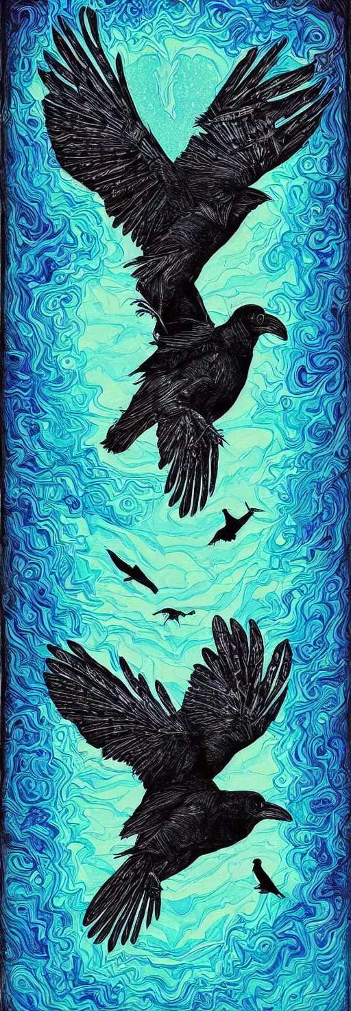Image similar to psychedelic monochromatic artwork of a raven combined with a deer and an owl that is also a window into the ocean by didier comes