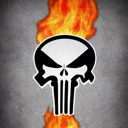 Image similar to punisher logo detailed on fire background epic artwork stylized coherent symmetrical tactical gear