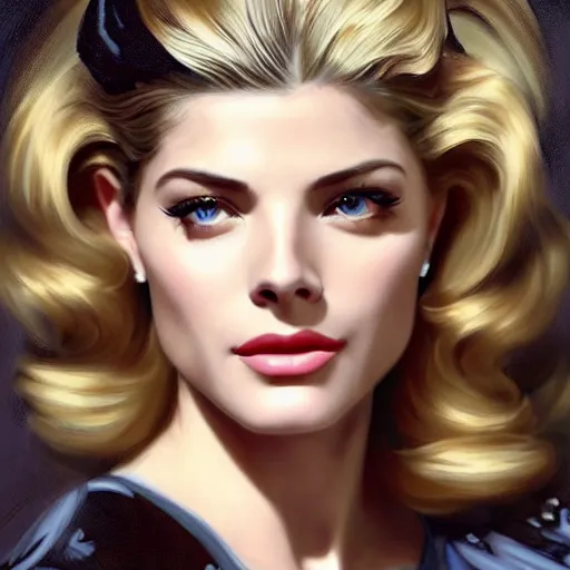 Image similar to A combination of Grace Kelly's and Katheryn Winnick's and Ashley Greene's faces with long eyelash makeup as Solid Snake, western, fantasy, intricate, elegant, highly detailed, digital painting, artstation, concept art, matte, sharp focus, illustration, half body portrait, art by Artgerm and Greg Rutkowski and Alphonse Mucha