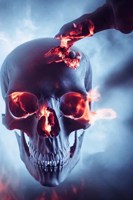 Image similar to photograph of a skull burning while being held up by a skeletal hand photorealistic, hyperdetailed, volumetric light, cinematic, f 8 aperture