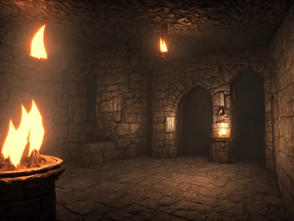 Image similar to delicious torch lit prison dungeon jail cell atmospheric unreal engine hyperreallistic render 8k character concept art masterpiece screenshot from the video game the Elder Scrolls V: Skyrim moody flame global illumination