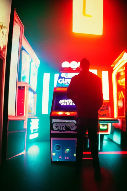 Image similar to agfa vista 4 0 0 photograph of a guy standing in front of an arcade machine, synth vibe, vaporwave colors, lens flare, moody lighting, moody vibe, telephoto, 9 0 s vibe, blurry background, grain, tranquil, calm, faded!,