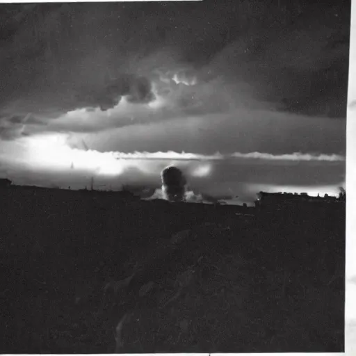 Prompt: a photo taken from inside of a trench showing a nuclear explosion in the distance, you can see the explosion's shockwave in the clouds, realistic, taken on a ww 2 camera.