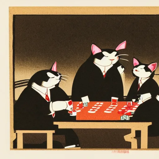 Image similar to fat mobster cats gambling at a table with a single light overhead, smoke fills the room, japanese art style