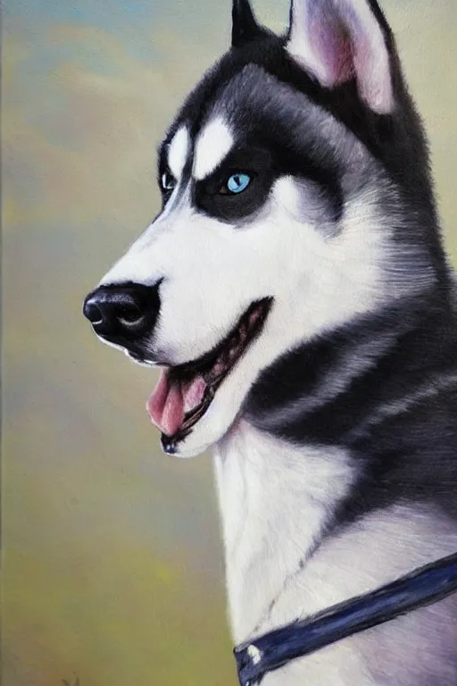 Image similar to a portrait painting of a husky in cowboy costume, anime, furry, humanoid, personify, anthropomorphic