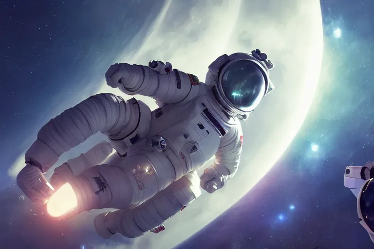 Prompt: astronaut chasing a spaceship Anime, wide angle, fine details, cinematic. galaxy starscape. realistic shaded lighting by Ilya Kuvshinov Giuseppe Dangelico Pino and Michael Garmash and Rob Rey greg rutkowski, octane render, IAMAG premiere, aaaa achievement collection, elegant freckles, cinematic hologram, fabulous, daily deviation, annual award winner