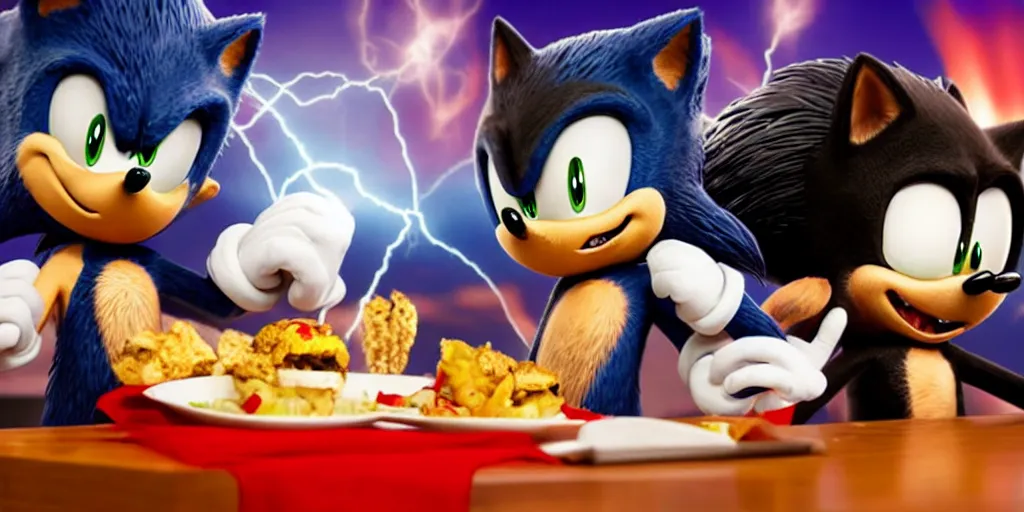 Image similar to A render of Sonic the Hedgehog sitting across from Shadow the Hedgehog at a restaurant, Sonic looks like he is shocked, Shadow is looking away in disgust, they both have hamburgers in front of them on a plate, movie, HDR, moody lighting, unique camera angle from the end of the table and between the two of them, candle lighting that is glowing on their faces