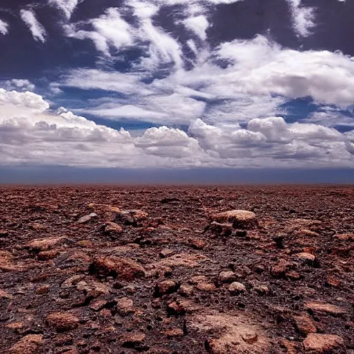 Image similar to Ground view of the surface of an exoplanet, sharp, detailed, clouds, exotic endless horizon, beautiful landscape, colorful, award winning photography