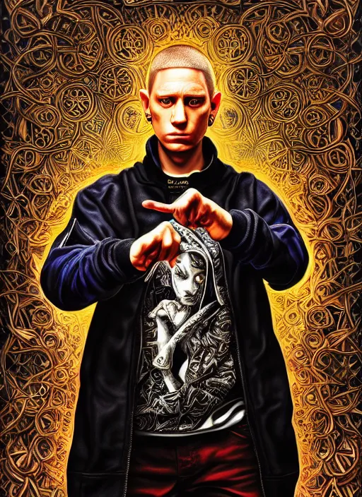 Image similar to : eminem fantasy, fantasy magic,  , intricate, sharp focus, illustration, highly detailed, digital painting, concept art, jahbu art and Paul lewin and kehinde wiley, masterpiece