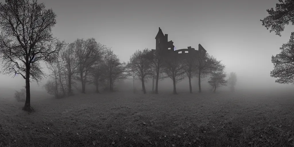 Prompt: castle on the forest, scary, dawn, foggy area, black fog, photorealistic, panoramic shot, 4 k
