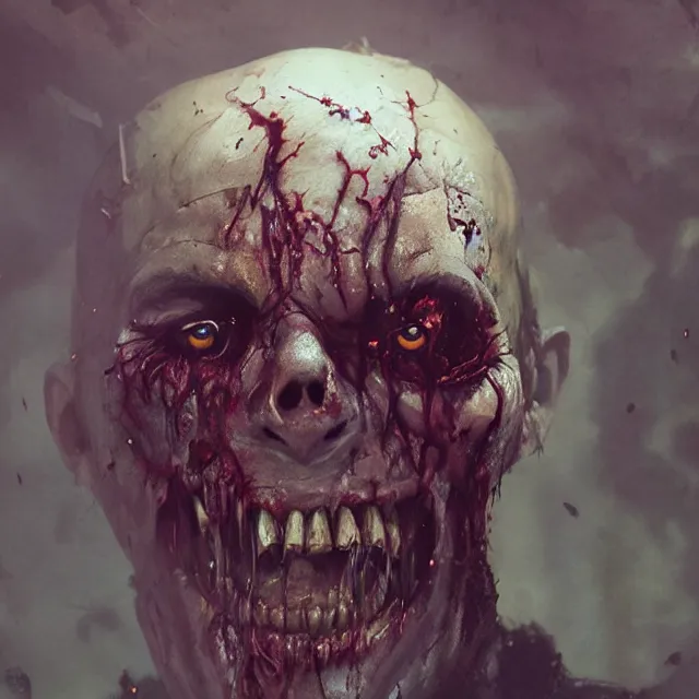 Image similar to hyper realistic photo portrait decayed smiling zombie cinematic, greg rutkowski, james gurney, mignola, craig mullins, brom redshift, vray, octane