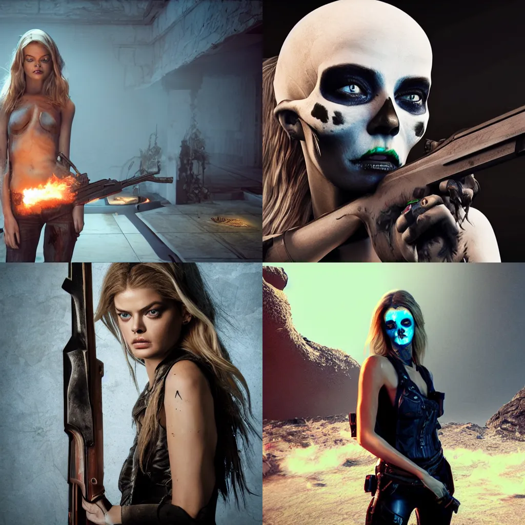 Image similar to octane, Unreal engine, Samara Weaving with skull paint, full body, holding a shotgun