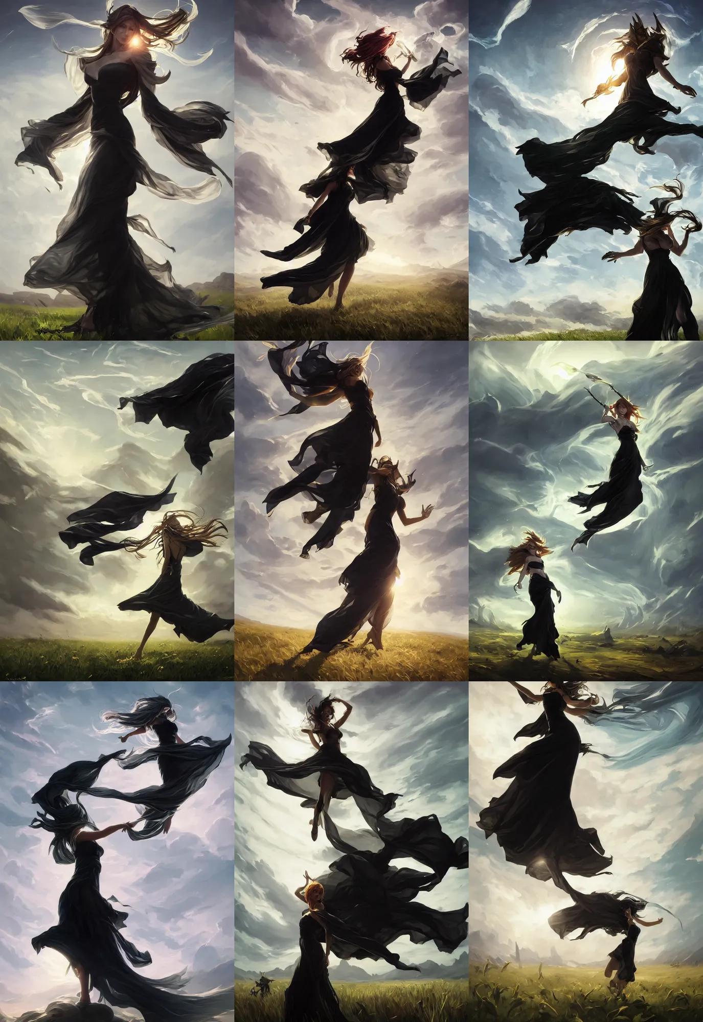 Prompt: league of legends and warframe art, single levitating girl in black white maxi dresses between clouds above green fields in sunset light, big long cloth on the wind, close up portrait, elegant, intricate, digital painting, artstation, concept art, golden hour, epic composition, smooth, sharp focus, illustration, art by ed mell and Daniel F. Gerhartz and Jacek Malczewski and gustav klimt, Tibor Nagy