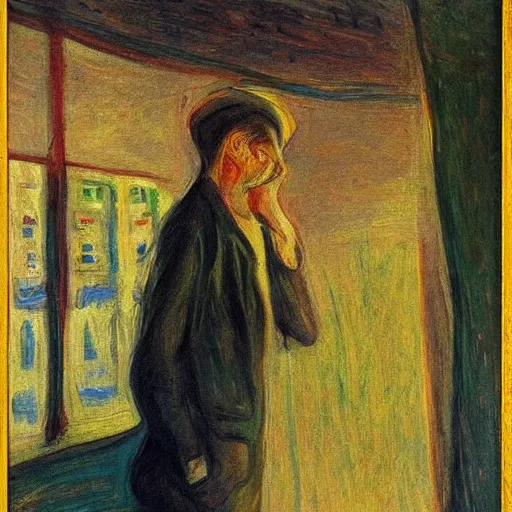 Image similar to “a detailed oil painting of an emigrant in a new country by Edward Munch”