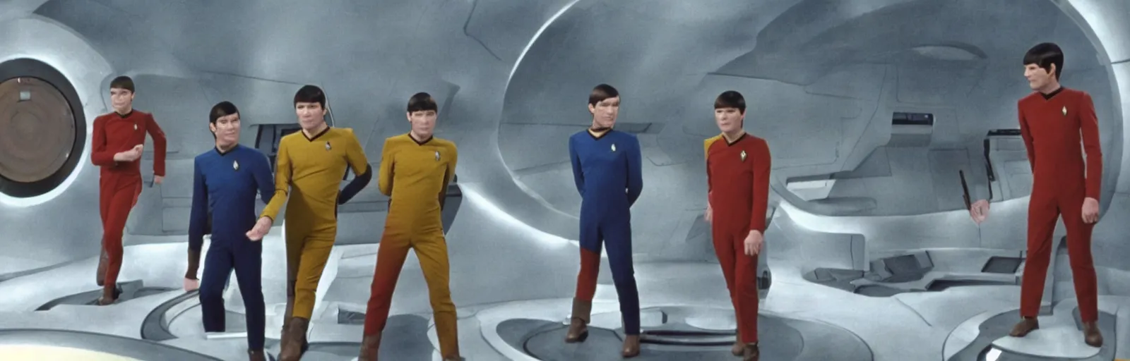 Image similar to a screencap of captain kirk, mr. spock and doctor mccoy on the bridge of the enteprise, in star trek the original series