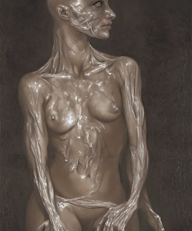 Image similar to Beautiful full-body wax sculpture of glowing transparent woman with visible bones covered with melted white candle wax inside the singularity where stars becoming baroque folds of dark matter by Michelangelo da Caravaggio, Nicola Samori, William Blake, Alex Grey and Beksinski, dramatic volumetric lighting, highly detailed oil painting, 8k, masterpiece