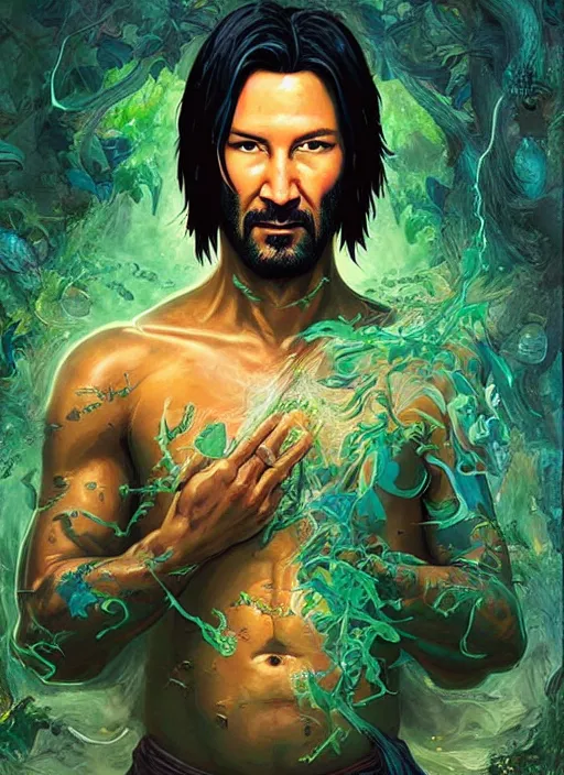 Prompt: a comic book style fantasy portrait painting of Keanu Reaves as a monk meditating in a bright serene lush green temple setting, art by Tristan Eaton, Stanley Artgerm, Tom Bagshaw, Greg Rutkowski, Carne Griffiths