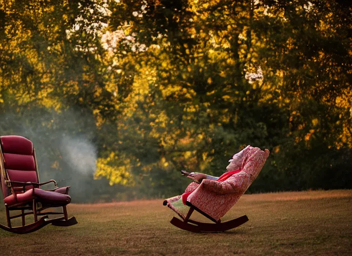 Prompt: a clown resting in a rocking chair, having a cigar, golden hour, canon eos r 3, f / 1. 4, iso 2 0 0, 1 / 1 6 0 s, 8 k, raw, unedited, symmetrical balance, in - frame