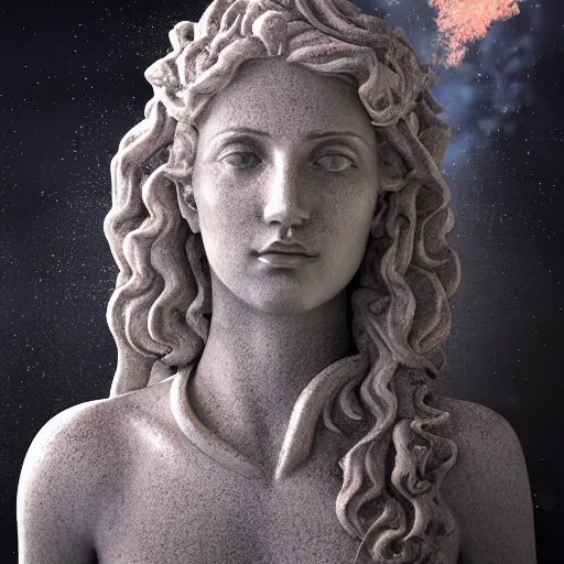 Image similar to sculpture of greek goddess portrait ,drawn in water ,fire,smoke,hyper realistic,photo real, concept art, nebulas trail as she moves highly detailed, hdri, 4k -