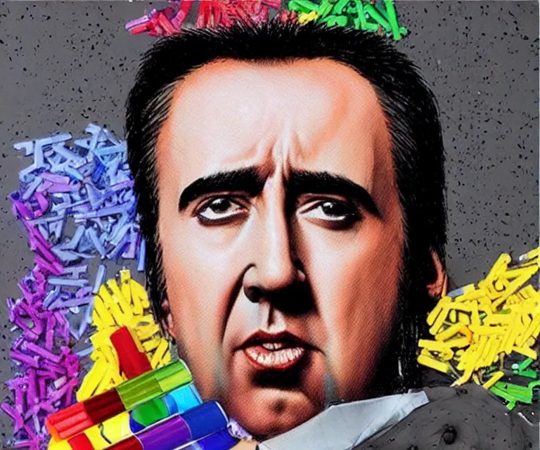 Prompt: “ nicholas cage as sad batman, eating crayons from the box, simple, hyperrealism, photorealistic, 8 k, high def ”